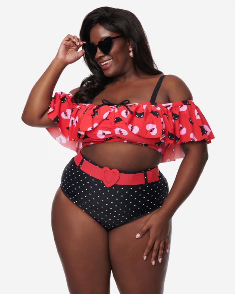 Emily The Strange x Unique Vintage Red Black Cats Ruffle Swim Top